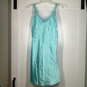 Vintage Cabernet Night Gown Sleep Slip Dress Teal Satin Lace Trim Medium